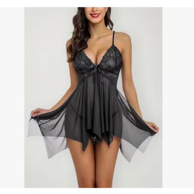 Lencer&iacute;a Babydoll Encaje Vestido Camis&oacute;n Con Liguero Y Tanga color negro talla: M