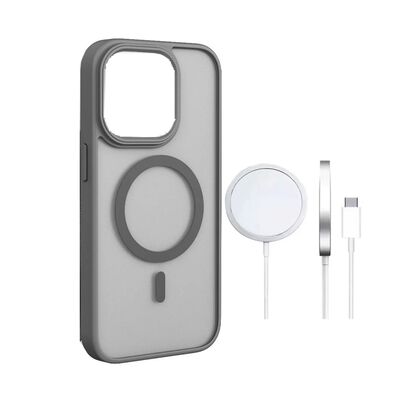 Funda Para iPhone 12 Pro Max + Cargador Inal&aacute;mbrico 15w + Mica De Vidrio Gris