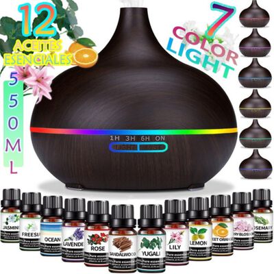 Difusor De Aroma Ultrasonico 550ml Con 12 Aceite Esencia Dise&ntilde;o de madera Oscuro