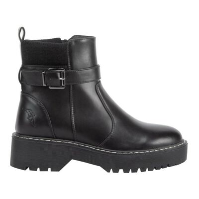 Bota de mujer, corta, con hebilla, acabado ante, con suela track, color negro, mod. 1224174