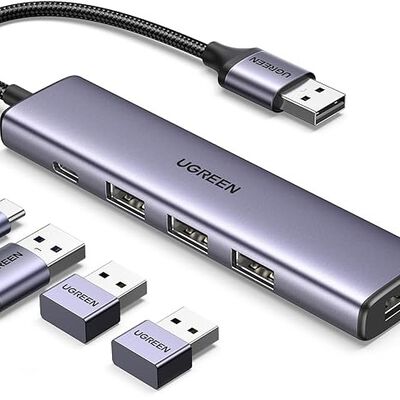 UGREEN Hub USB 3.0 de Aluminio Cable Trenzado, 4 Multi USB 3.0 y PD Carga Compatible con PC, Port&aacute;til, Teclado, Mouse