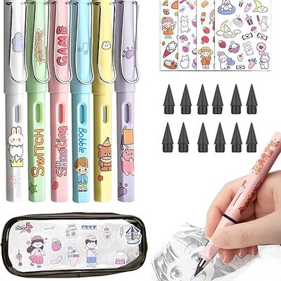 A AIYMQ Lapiz Infinito, 6 Lapices Eternos y Pegatinas decorativas,con 12 puntas y Bolsa Organizadora,Eternity Magic Pencil con Goma, herramienta de dibujo de boceto port&aacute;til reutilizable borrable.