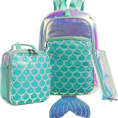 A Mochila para ni&ntilde;as Mermaid Magic Sequin mochila escolar con caja de almuerzo para ni&ntilde;as Set de mochila para preescolar elemental