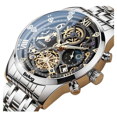 Reloj Pulsera Belug Color de Correa Plateado Color de Fondo negro