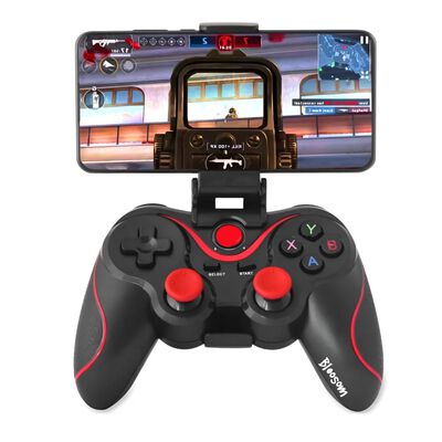 Control Gamepad Mando Bluetooth Android Pc Con Soporte, Negro y rojo