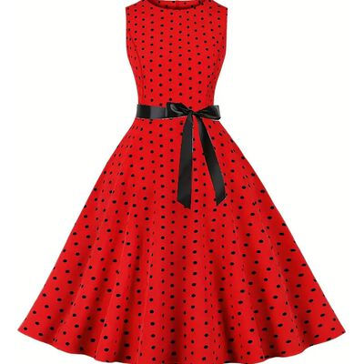 Vestido Casual Causix de Noche para Dama Mujer Estilo Vintage Elegante sin Mangas de Lunares Color Rojo