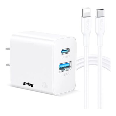 Cargador para iPhone 20W Carga R&aacute;pida Dual Salida USB C & USB Belug Blanco