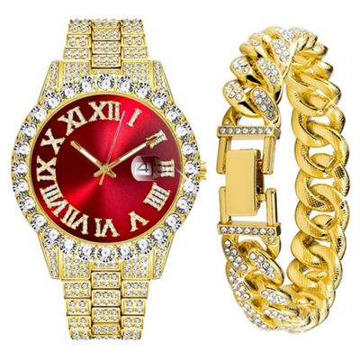 Reloj De Pulsera Unisex Con Diamantes Dorado Rojo