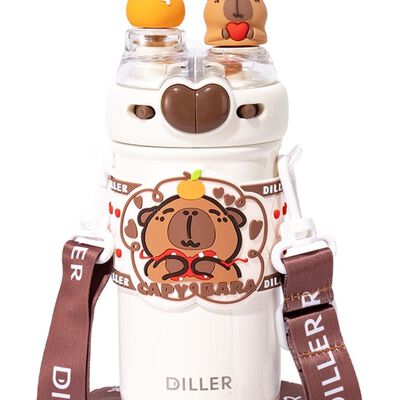 Termo de Capibara | Botella de Agua de Acero Inoxidable 520 ml | Accesorios decorativos 3D Capybara, Stickers y Correa