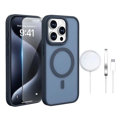 Funda Para iPhone 13 Mini+ Cargador Inal&aacute;mbrico 15w + Mica De Vidrio Templado Azul