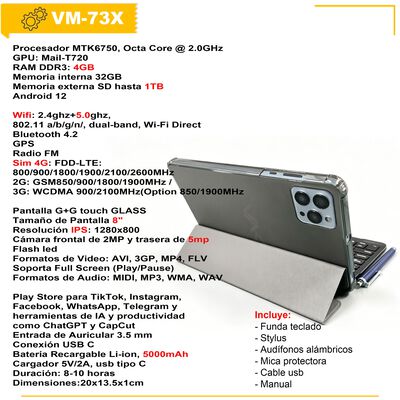 Vak Tablet 73x 8' Hd 8 Core Teclado 2 Camaras Android Wifi -Azul