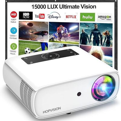 HOPVISION Proyector Native 1080P Full HD, Proyector de pel&iacute;cula de 15,000 Lux con 150,000 Horas de Vida LED, 4K & 350 pulgadas compatible Proyector, para el SmartPhone/PC/Laptop/PS4/TV Stick/EXCEL/PPT.