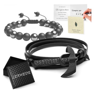 Brazalete De Cuentas Obsidiana Y Pulsera Hombre Hacha 2 Pzs Negra