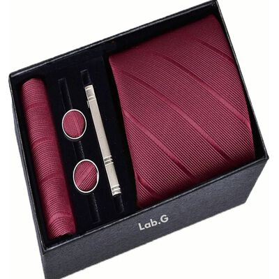 Set Corbata Pa&ntilde;uelo Mancuernilla Hombre 5 Piezas Guinda
