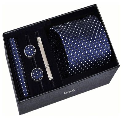 Set Corbata Pa&ntilde;uelo Mancuernilla Hombre 5 Piezas Azul puntos