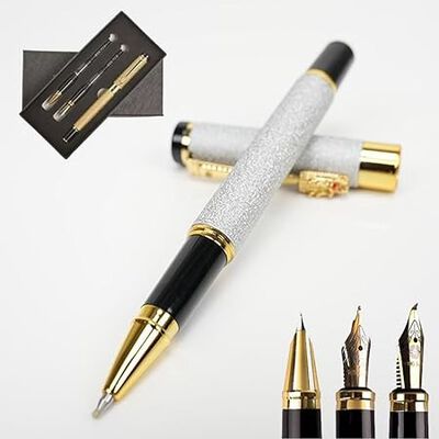 A ZYHSLZ Set de 3 Pluma Estilogr&aacute;fica, Pluma Fuente Estilogr&aacute;fica con 3 Plumillas de Acero y Convertidor, Pluma Estilogr&aacute;fica Recargable, Pluma Estilogr&aacute;fica Punto Fino,Dise&ntilde;o Cl&aacute;sico (Plata esmerilado).