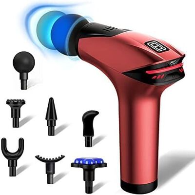 A Pistola de Masaje, Pistola de Masaje Muscular de Percusi&oacute;n Mejorada para Atletas, Masajeador de Tejido Profundo de Mano, Rojo, Para Atletas, 7 cabezales, 8 marchas, RPM3200 (Rojo).
