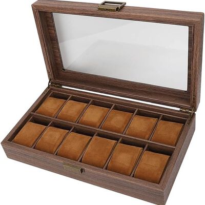 A Caja Organizadora de Reloj de Cuero PU con 12 Ranuras, Caja de Almacenamiento de Exhibici&oacute;n de Lujo de Grano de Madera con Parte Superior de Vidrio de Partici&oacute;n Grande para Almacenamiento Y Exhibici&oacute;n.