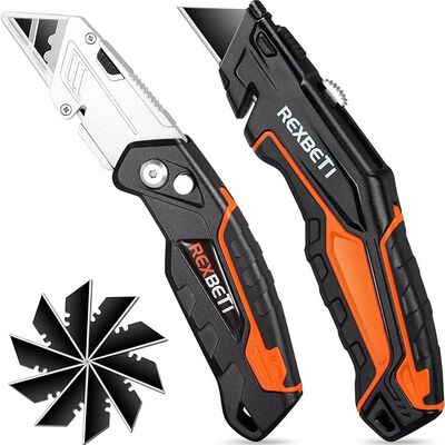 REXBETI 2-Pack Utility Knife, Heavy Duty Retractable Box Cutter for Cartons, Cardboard and Boxes, Blade Storage Design, Extra 10 Blades Included.