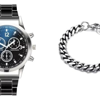 Reloj para Caballero Casual Impermeable de Cuarzo Color Negro con Plateado Fondo Azul + Pulsera de Acero Inoxidable
