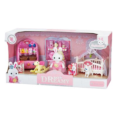 Juguete Casa de Mu&ntilde;ecas Set de Beb&eacute; Conejito con Cuna, Caballito Mecedor, Accesorios y Figuras Incluidas