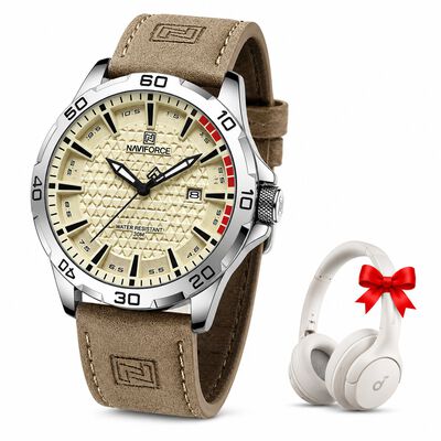 Naviforce NF8023 Reloj Casual Impermeable Correa De Cuero Hombre, Correa Caqu&iacute; Bisel Platado Fondo Amarillo