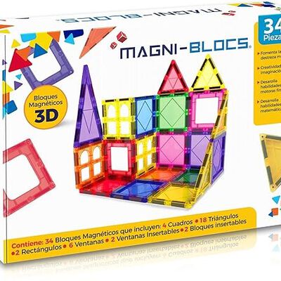 MAGNI-BLOCS Imanes Did&aacute;cticos, Set de 34 Piezas, Bloques Magn&eacute;ticos 3D, Figuras Geom&eacute;tricas Magn&eacute;ticas Educativas para Ni&ntilde;os, Rompecabezas Magn&eacute;tico en Tercera Dimensi&oacute;n.