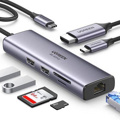 UGREEN Hub USB C, 7 en 1 Adaptador USB C a HDMI 4K 60Hz, Gigabit Ethernet, 100W PD Carga, Lector de Tarjetas SD TF, 2 USB 3.0 Compatible con MacBook Pro Air M1 M2 iPad iPhone 15 DELL Switch Steam Deck.