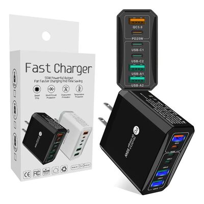 Cargador de Pared 55W con 6 Puertos Multipuerto USB-C y USB-A con Carga R&aacute;pida QC3.0 y Power Delivery