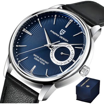 Reloj Pagani Design Reloj De Cuarzo De Cuero Para Hombre Correa Negro Bisel Plateado Fondo Azul