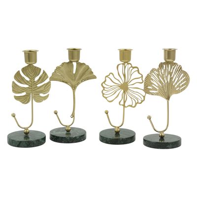 Ilios Innova | Set 4 Portavelas Decorativos, Dise&ntilde;o de Hojas Met&aacute;licas Doradas con Base de M&aacute;rmol Verde, Estilo Elegante