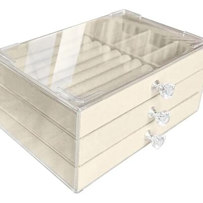 Joyero De Terciopelo Acr&iacute;lico Transparente Con 3 Cajones Crema