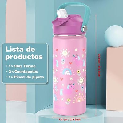 A BSMKD Botella de Agua para Ni&ntilde;os, Botella de Acero Inoxidable para Ni&ntilde;os y Ni&ntilde;as, 18oz Termo de Agua Aislada Reutilizable con 2 Pajitas, 100% A Prueba de Fugas, para Escuela (Rosa).
