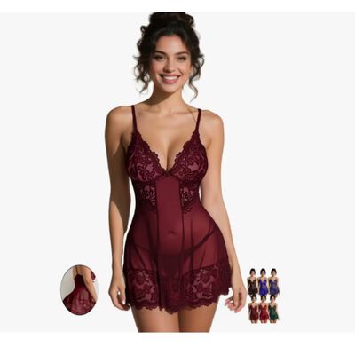 Lencer&iacute;a Para Mujer babydolls Vestido Camison Ropa Sexy En V color: BURDEOS L
