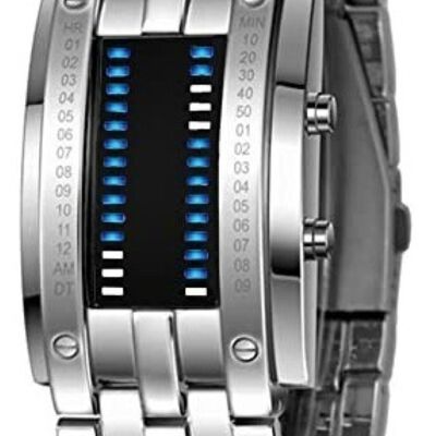 Reloj Led Binario Modelo E-men Moda Estilo Robot Gris con pantalla negra