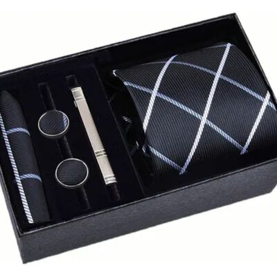 Classic Set Corbata Pa&ntilde;uelo Mancuernilla Hombre 5 Piezas negra rallada