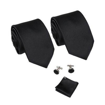 2*corbata + Pa&ntilde;uelo + Mancuernillas Conjunto Para Hombre Negro y Negro