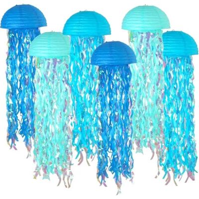 6pcs Fiesta En El Oc&eacute;ano Con Farolillos De Papel De Medusas Azul
