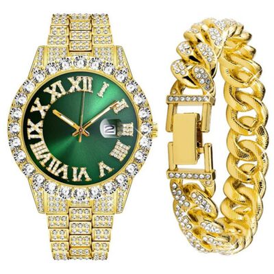 Reloj De Pulsera Unisex Con Diamantes Dorado Verde