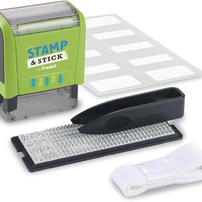 Sello textil DIY Trodat Stamp and Stick, kit con etiquetas, cinta para ropa y set de letras