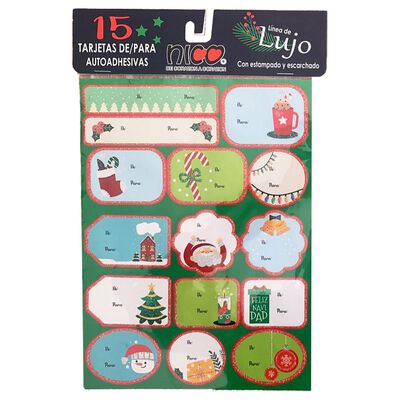 Tarjetas Autoadhesivas De/Para con Estampado y Escarchado Edici&oacute;n Navidad 15 Piezas Nico