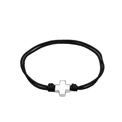 Pulsera Cruz de plata en cordiño negro