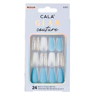 Kit U&ntilde;as Postizas Medium Coffin Azul/Blanco con detalles Dorados 24 piezas